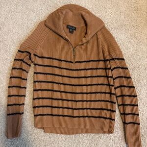 Rachel Zoe Tan and Black Striped Quarter Zip-Up Sweater